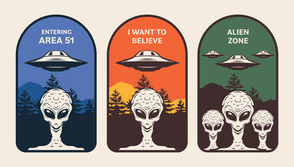 Aliens badges set. UFO UAP. Badges with alien spaceship and humanoids. Stickers with spaceships and abduction. Vector illustration, ink-style.