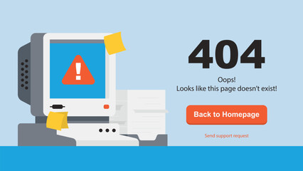 Retro pc desktop with office papers. 404 error message webpage. FLat vector illustration.