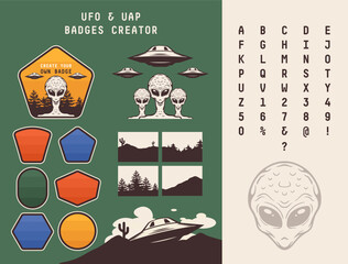 UFO UAP badge creator. Aliens emblem, badge and logo patch. Design your own badges. Vector illustration.