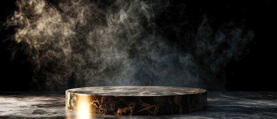 Stone platform, podium with gold shimmer texture, smoke, steam, lights, sparkles on dark background. Mock up with lights effect. Generative AI