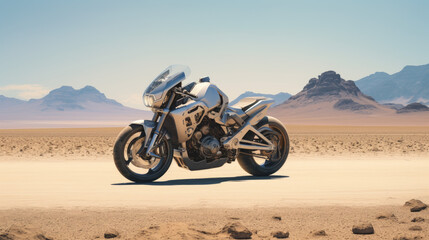 an elegant futuristic  sports bike in the desert