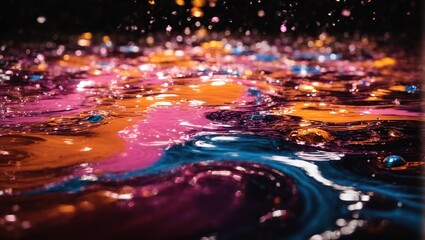  colored floating liquid in the trend colors pink, orange, blue and violet on black background