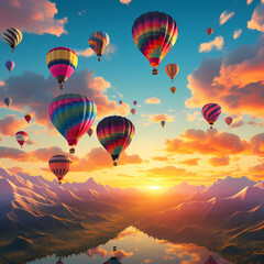 Colorful hot air balloons ascending at dawn.