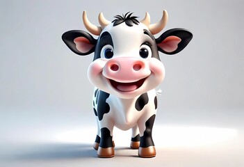 A Adorable 3d rendered cute happy smiling and joyful baby cow cartoon character on white backdrop