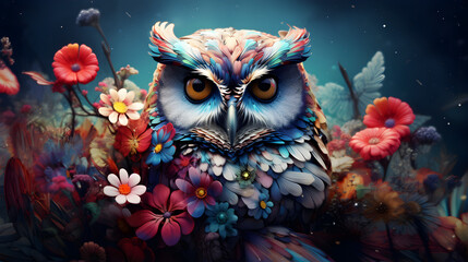 
Image of an owl surrounded by colorful flowers and foliage