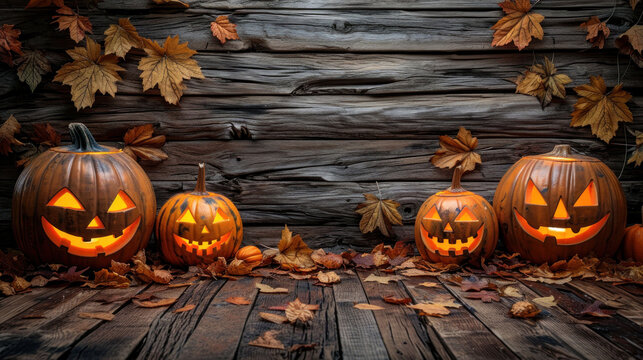 four pumpkins with a carved face for Halloween on a shabby wooden background with yellow leaves, banner, copy space