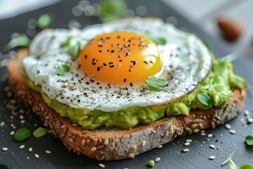 A close-up of a gourmet avocado toast topped with a perfectly fried egg Healthy Breakfast. Egg and Avocado Toast