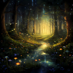 Enchanted forest with glowing fireflies. 