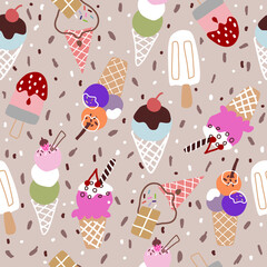 Ice cream pattern. Seamless texture of summer dessert. Cartoon vanilla or chocolate balls in waffle cones and frozen juice. Tasty pieces of fruits and berries. Vector decorative template for textile