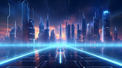 a futuristic city at night with neon lights - obrazy, fototapety, plakaty