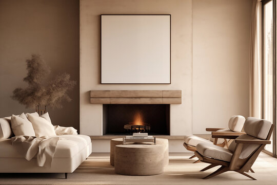 Cozy living room in earth colors, with a large fireplace. Above the fireplace is a large picture frame mockup.