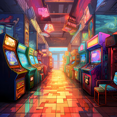 Retro arcade with colorful pixel art.  - obrazy, fototapety, plakaty