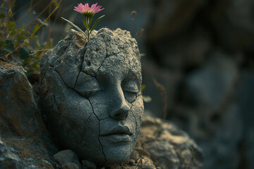 Obraz premium Trauma healing concept, a cracked stone head with a flower growing out of it