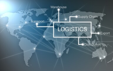 Logistics - blue background with world map and linked dots, parcel handling center, supply chain, distribution center, globalization, sales, supply chain