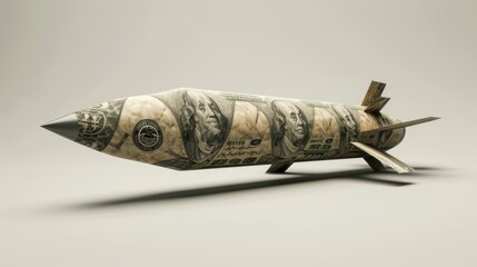 Aircraft bomb made from dollar bills. finance and potential harm. Delicate balance between prosperity and adversity. Sponsoring war and weapons production. International security.