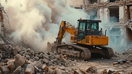 A bulldozer demolishes houses. Demolition of illegal and unsafe buildings. Urban planning. Removal of hazardous buildings. Reconstruction and development of old city quarters. - obrazy, fototapety, plakaty
