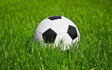 Fototapeta premium Football ball in green grass of soccer field