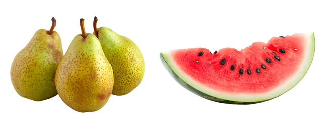 Juicy and tasty pears and watermelon on transparent background.