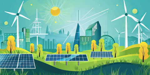 Renewable Energy: A Vector Illustration of Futuristic Energy Sources like Solar Panels and Wind Turbines, Symbolizing Sustainable Technology