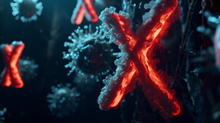 Virus particle marked with an X, Viral Danger, threat from Disease X a newly discovered virus impending epidemic