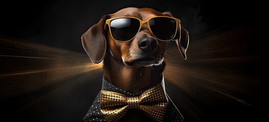 The whimsical charm of a dog wearing sunglasses against a dark background, exuding style and humor in its fashionable ensemble..