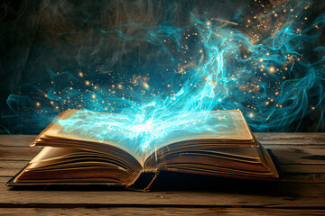 A mystical blue smoke emerging from a book, magic of reading, magical book