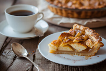design for a food, homemade apple pie on a plate, delicious. apples. restaurant or cafe menu. minimalistic. sweet Pastry. horizontal. fresh morning. copy space. piece. vanilla