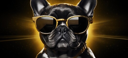 A delightful sight of a dog dressed in trendy clothes and sunglasses, adding a touch of humor and flair against a dark backdrop.