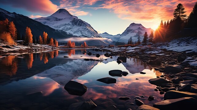 sunset over the river Ai generative HD 8K wallpaper Stock Photographic Image. sunrise over the mountains and river 4k HD quality photo. beautiful landscape wallpaper, HD background wallpaper, 