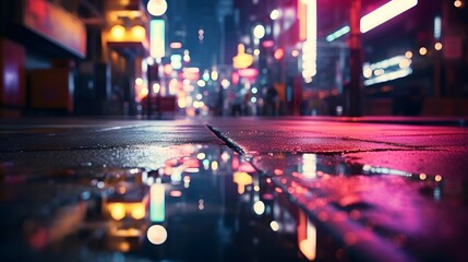 a city street at night with a puddle of water - obrazy, fototapety, plakaty