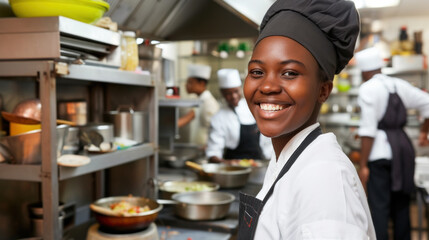 Cheerful happy African American female cook in restaurant kitchen