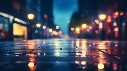 a city street at night with lights reflecting off the wet pavement
