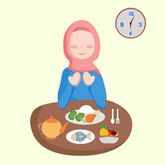 Pray and break the fast. a woman prays before breaking her fast. break the fast with a variety of nutritious foods. Ramadhan month. flat cartoon illustration. design elements or concepts.