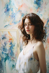 Portrait of a Young Woman in a Creative Art Studio Setting Ideal for Fashion Art and Culture Themes
