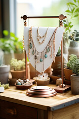 Elegant jewelry display with necklaces in a cozy boutique setting artistic and sophisticated fashion accessories in natural light for retail and style industries