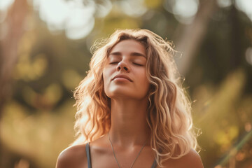 Naklejka premium Breathing exercise, being in the moment, mindfulness concept, a woman taking a deep breath