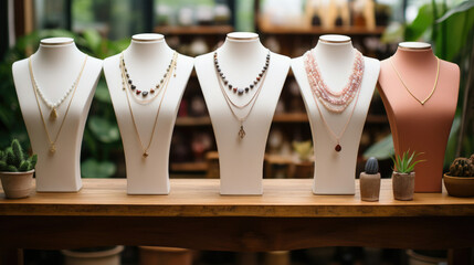 Assortment of elegant necklaces on mannequins in a boutique ideal for fashion retail and accessories marketing