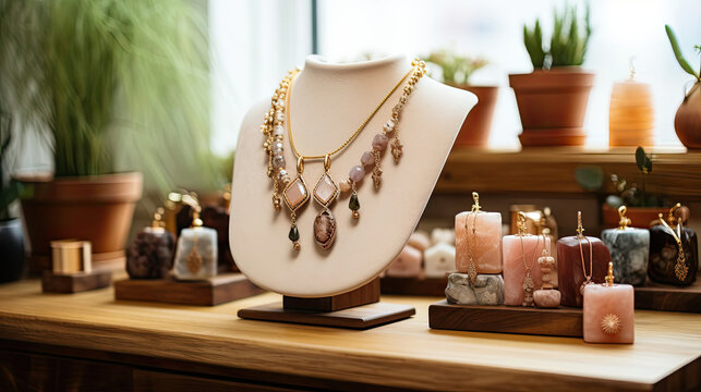 Elegant jewelry display with quartz necklace for luxury retail marketing and boutique shopping
