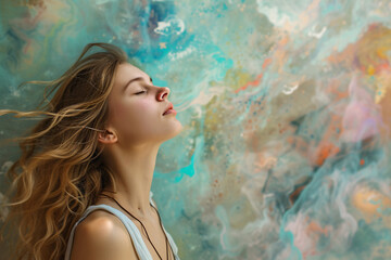 Breathing exercise, being in the moment, mindfulness concept, a woman taking a deep breath