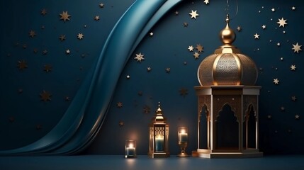 Obraz premium Premium Eid greeting card illustration with luxurious design. Eid Mubarak background with stars and moon. Islamic lamp design with Eid design
