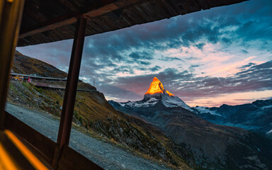 Sunrise alpenglow on Matterhorn mountain of Swiss Alps in the dawn at Switzerland