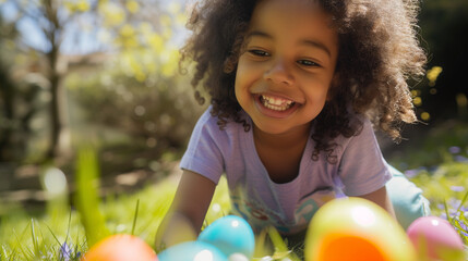 Happy young black child with easter eggs  in garden. Kid hunting for chocolate eggs at easter egg hunt. AI generated 