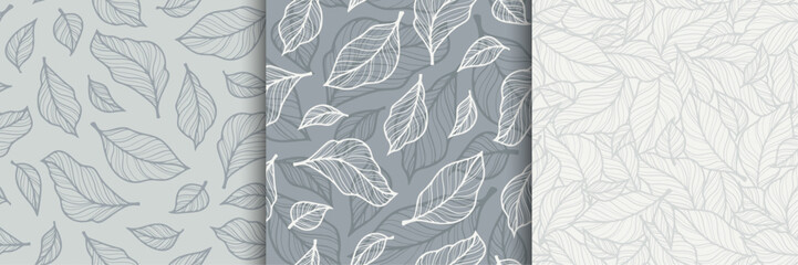 set of vector seamless patterns, pattern with leaves smooth lines, pastel cold shades of blue