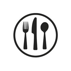 a black and white circle with a fork spoon and knife