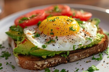A close-up of a gourmet avocado toast topped with a perfectly fried egg Healthy Breakfast. Egg and Avocado Toast