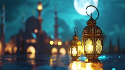 mystic golden latern on blue area with moon and mosque silhouette, ramadan, 3D render