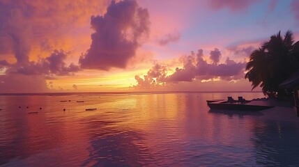 Fototapeta na wymiar Stunning colorful sunset with clouds on the horizon of the South Pacific Ocean. Luxury travel