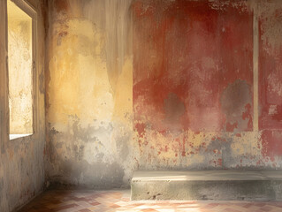 Vintage Abandoned Room with Peeling Red Paint and Warm Sunlight - Antique Interior Space Concept with Texture, Patina and Concept of Time's Passage