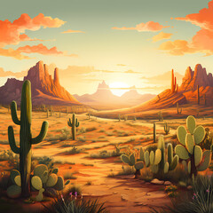 A desert landscape with cactus and mountains. 