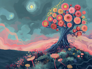 Enchanted Twilight Tree with Psychedelic Colors Fantasy Landscape, Dream-like Surreal Illustration - Concept of Imagination and Whimsy